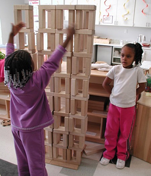 Children playing giant jenga.