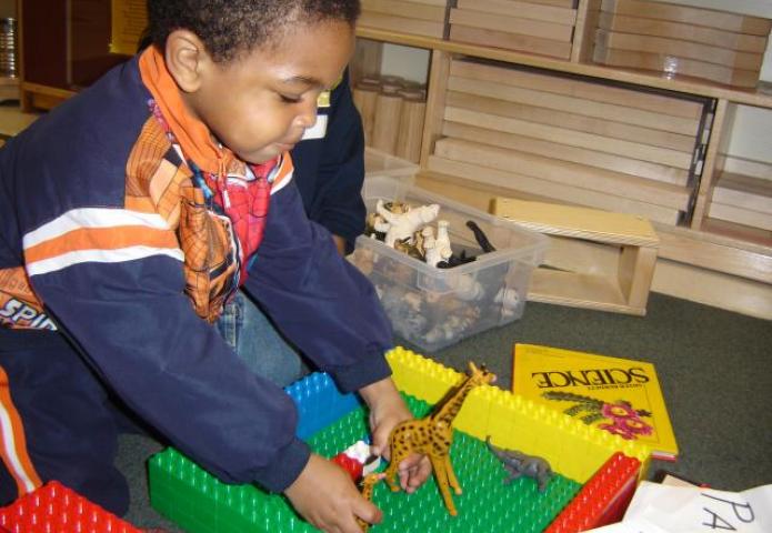 Child playing with a girafe and blocks.