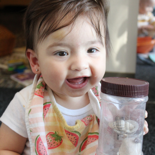 Toddler holding a jar of sea shells